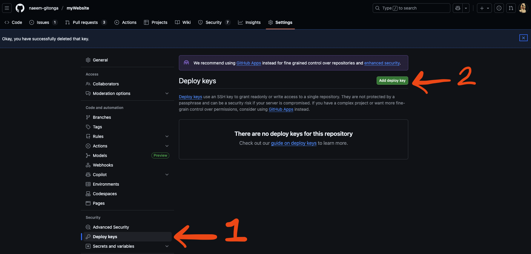 Github deploy key settings