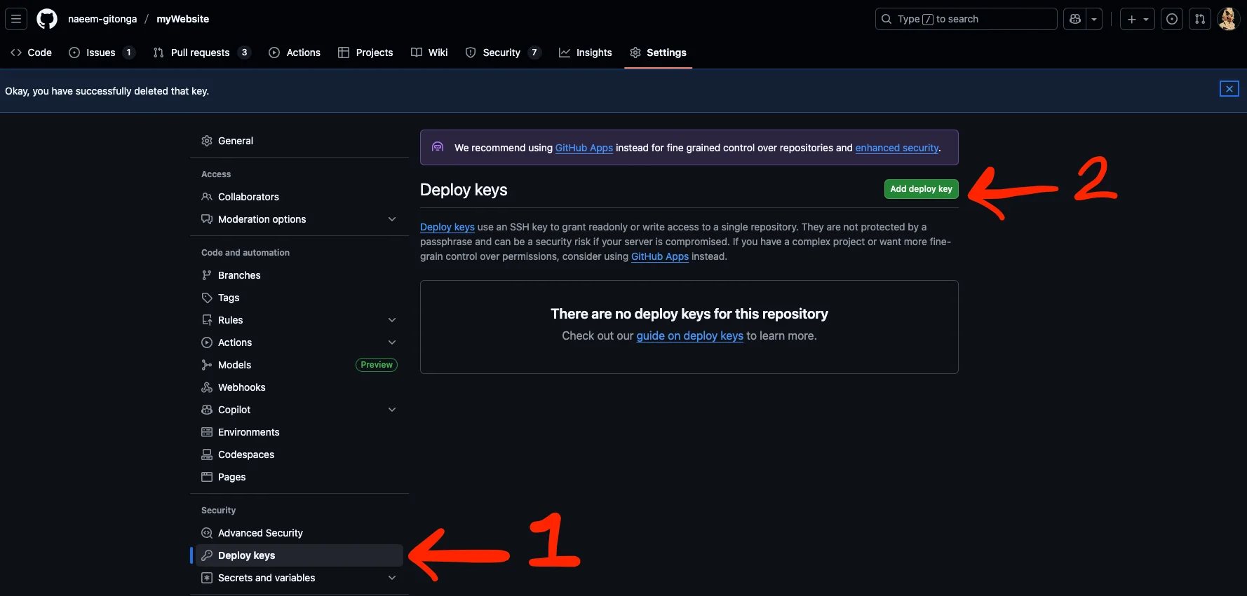 Github deploy key settings