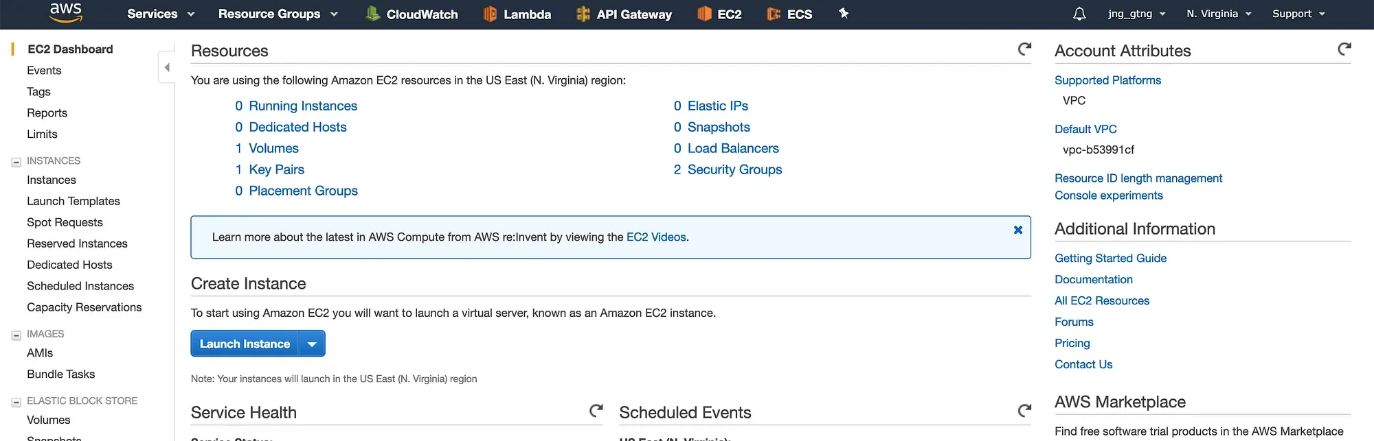AWS EC2 dashboard view
