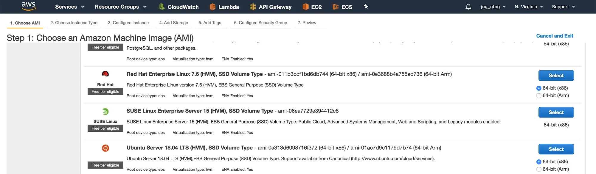 AWS EC2 launch instance view