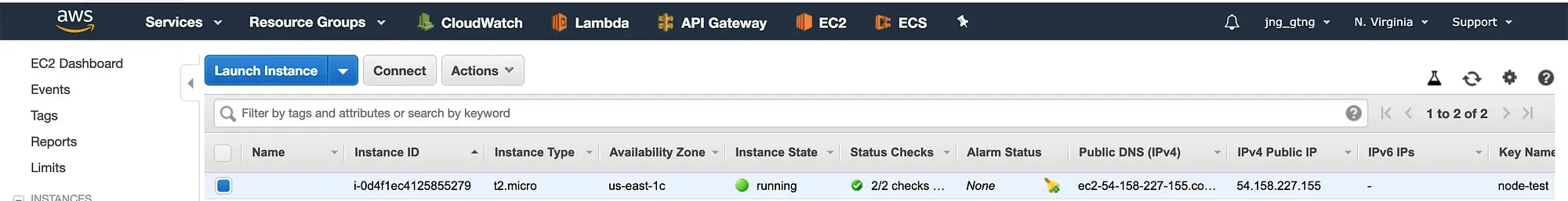 AWS EC2 dashboard instance running