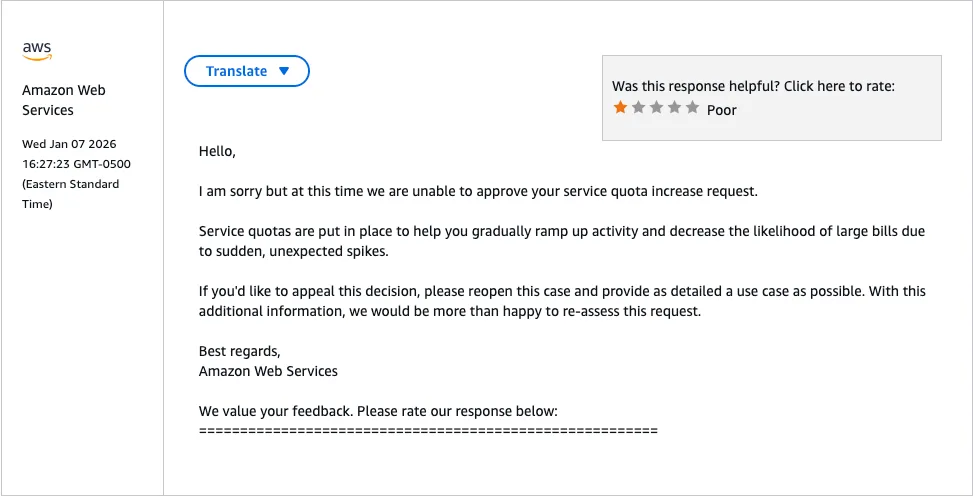 Screenshot of a cloud provider quota response