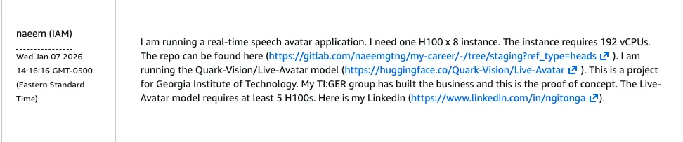 Screenshot of a quota request explanation