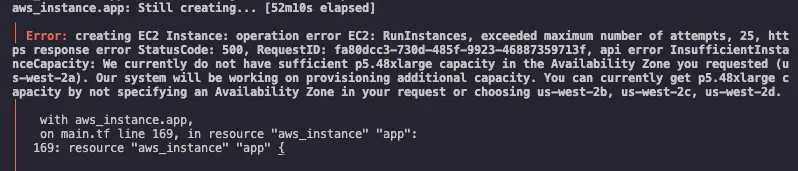 Terraform apply error response for a large instance