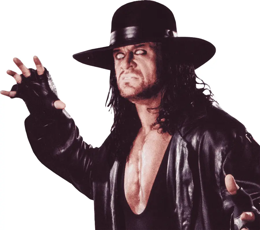 WWF Undertaker with his signature hat and coat, staring menacingly into the camera